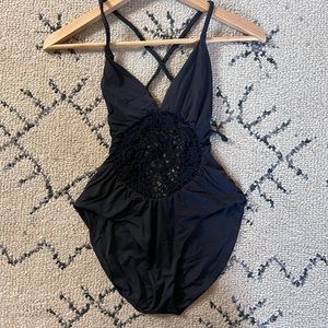 Frankies bikinis black crochet one piece